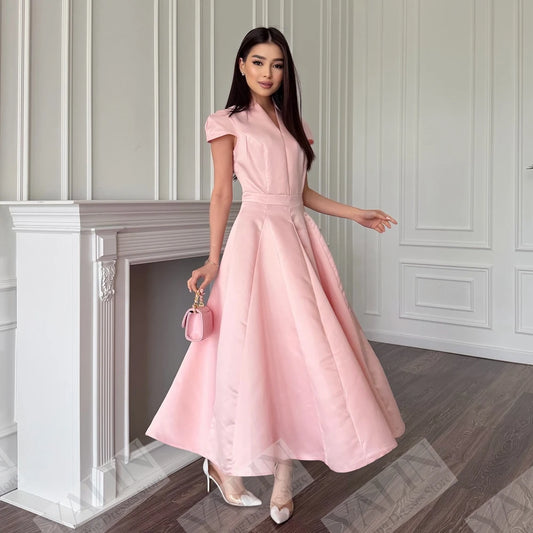 Draped A-Line Evening Gown | V-Neck Sleeveless Tea-Length Prom Dress - view 2