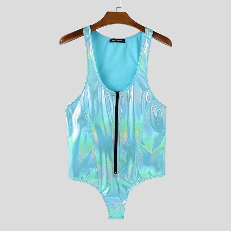 Men’s Shiny Zipper Sleeveless Bodysuit | Sophisticated "Sparkling" Male Romper Silhouette | Elegant Fashion Streetwear Playsuit | "Dignified" High-Performance Sparkling Bodysuit for Radiant Versatile Styling Luxegan