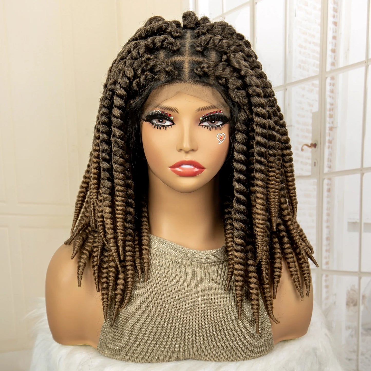 16 Inch Brown Twisted Braided Bob Wig | Full Lace | Kanekalon Fiber | For Black Women - Luxegan