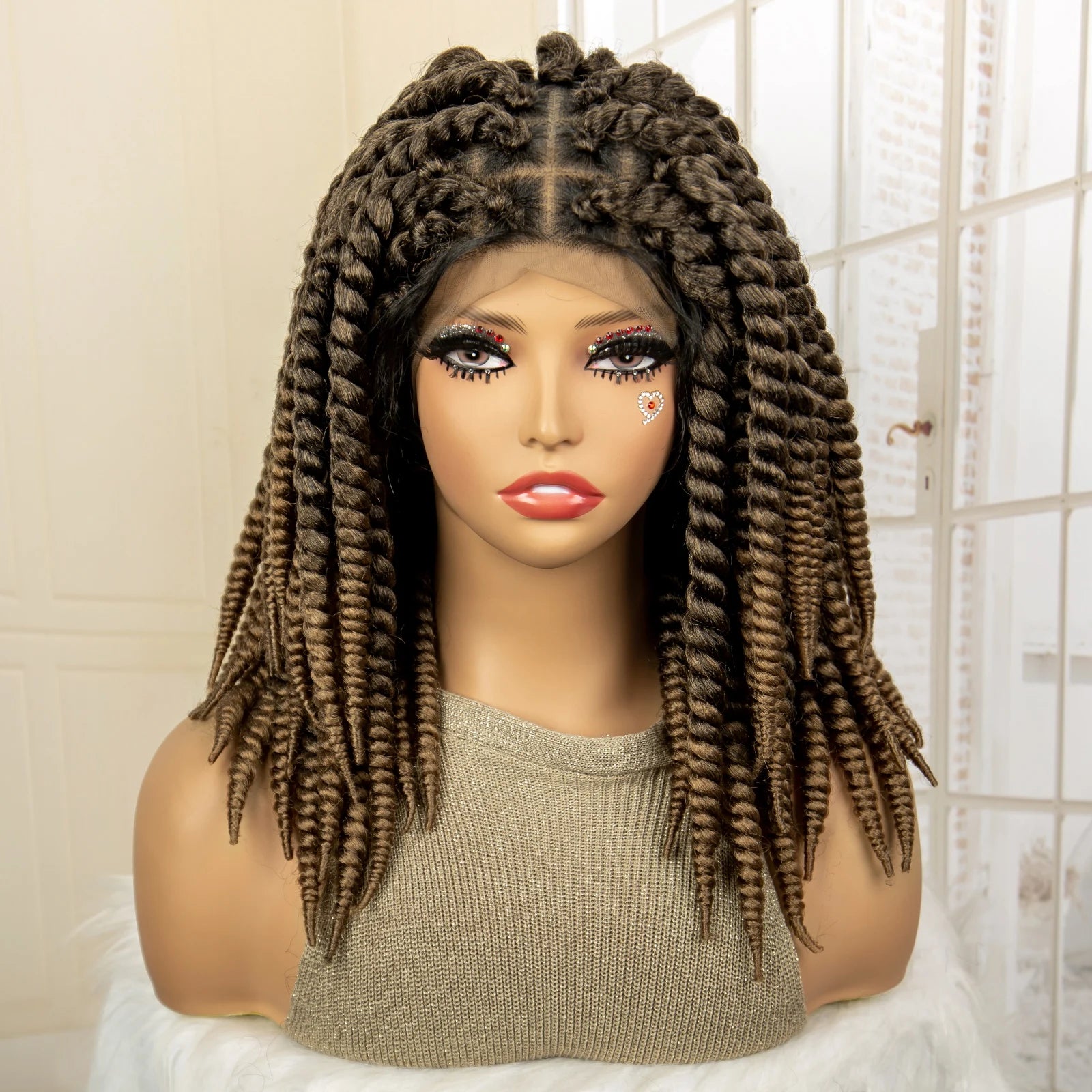 16 Inch Brown Twisted Braided Bob Wig | Full Lace | Kanekalon Fiber | For Black Women - Luxegan