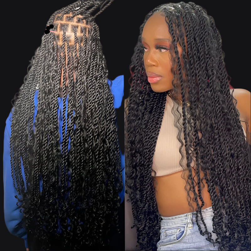 Bohemian Box Braided Wig | Full Lace Senegalese Twist & Goddess Locs Styles | Synthetic Braided Wig | Light Brown Lace