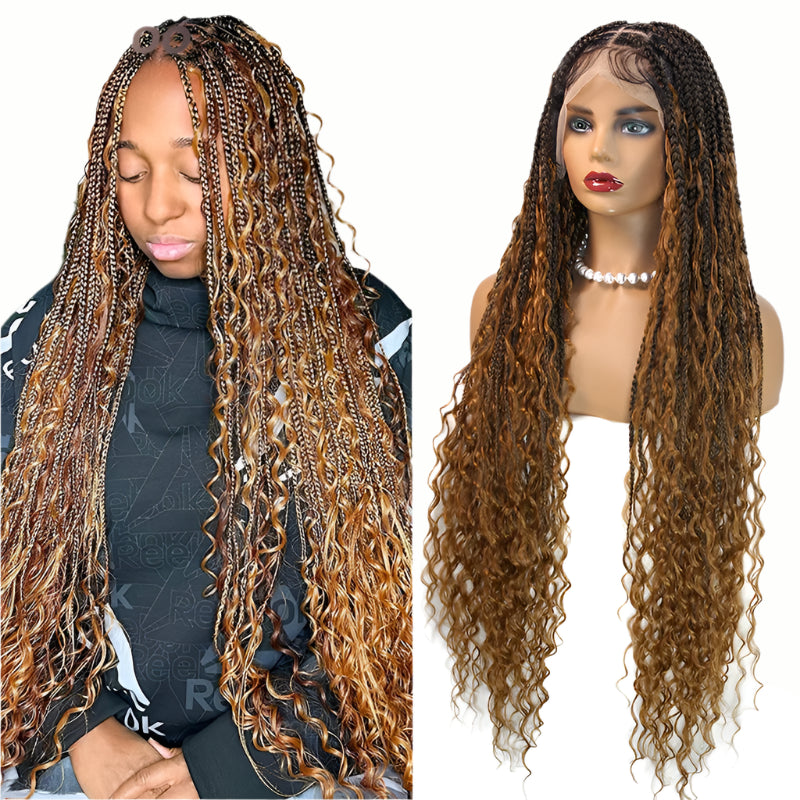 36" Bohemian Crochet Braided Wig | Full Lace | Blonde Goddess Locs & Box Braids | Curly Hair | Synthetic
