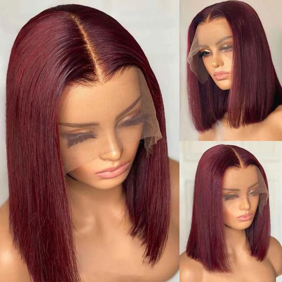 Burgundy HD Transparent Short Bob Wig | 99J Red Straight | 13x6x1 Lace Front Wig | Brazilian Remy Hair | Pre-Plucked