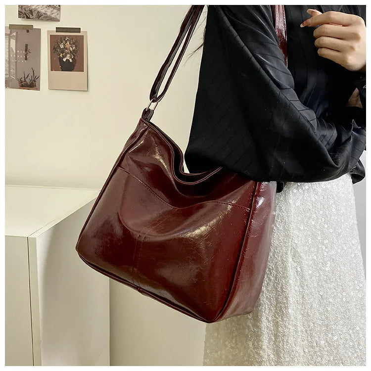 Red Large Capacity Oil Wax Leather Shoulder Bag | Bright Surface Women's New All-match Tote Bags | Casual High Quality Handbag Luxegan