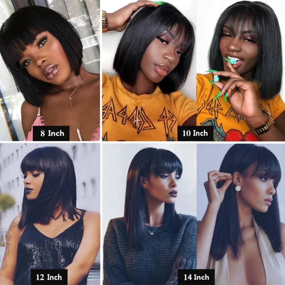 Peruvian Straight Bob Wig with Bangs | Full Machine Made Human Hair Wig | Natural Color