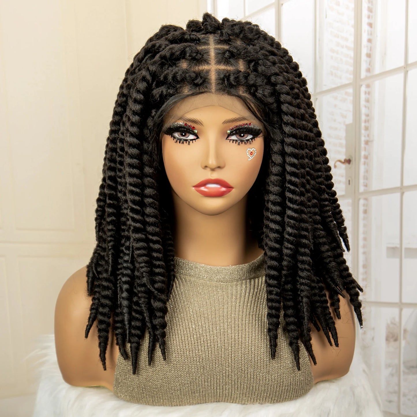 16 Inch Brown Twisted Braided Bob Wig | Full Lace | Kanekalon Fiber | For Black Women