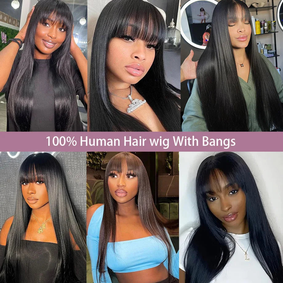 Long Straight Wig with Bangs | 30-32 Inch Brazilian Remy Hair | Middle Part Wig for Black Women
