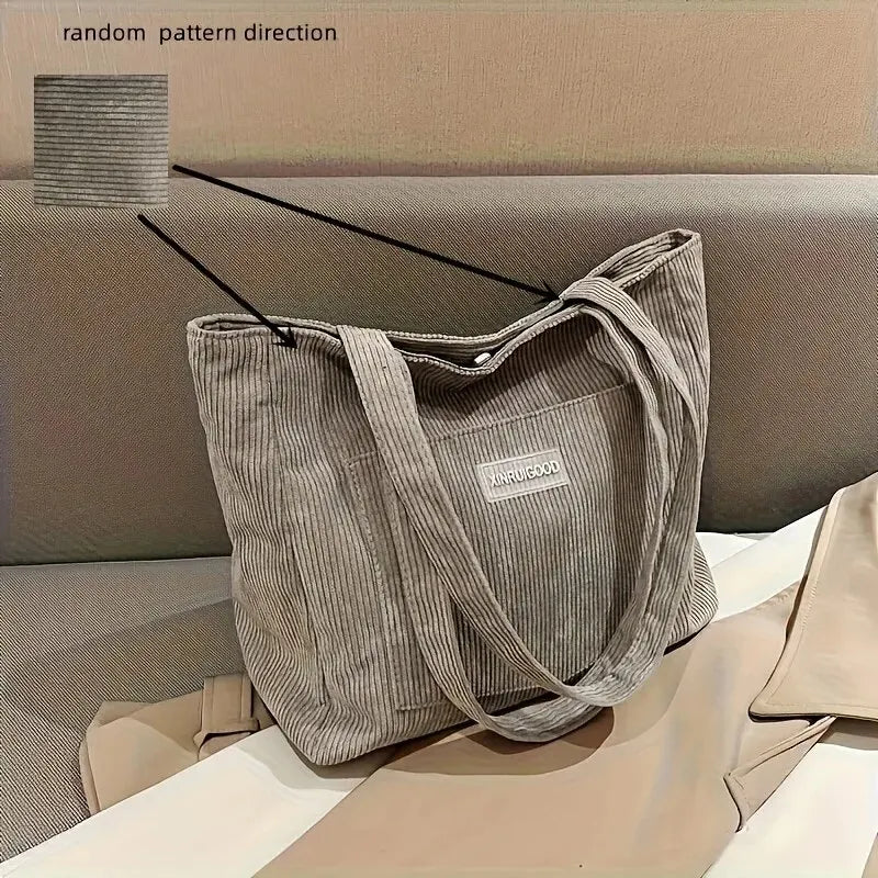 Corduroy Solid Casual Tote | Soft Trendy Large Capacity Shoulder Bag Luxegan