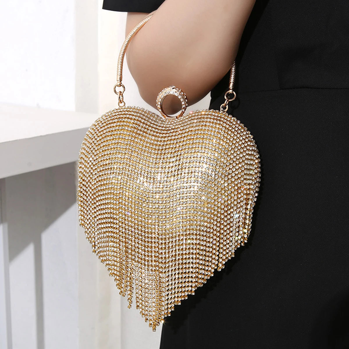 Rhinestone Evening Bag | Heart Pattern Silver Handbag & Diamond Tassel Clutch Luxegan