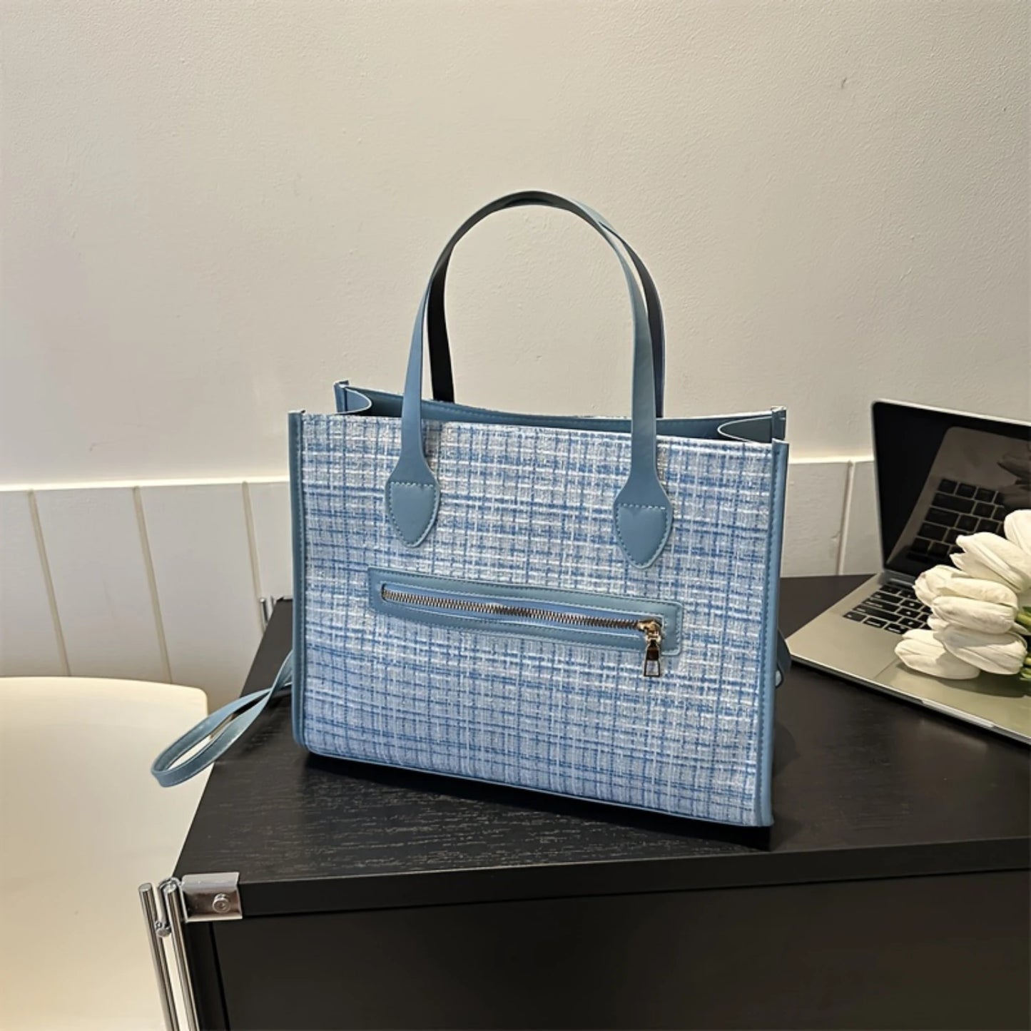 Luxury Tweed Tote Bag with Elegant Plaid Pattern - Fashion Crossbody Handbag for Women