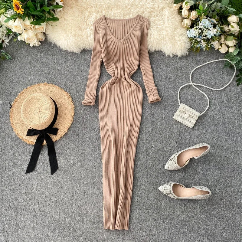 New Autumn V-Neck Knitted Dress | Sophisticated Slim Elastic Bodycon Sweater Gown | Elegant "Full Sleeve" Silhouette | "Dignified" High-Stretch Warm Long Dress for Radiant Versatile Autumn & Winter Styling Luxegan