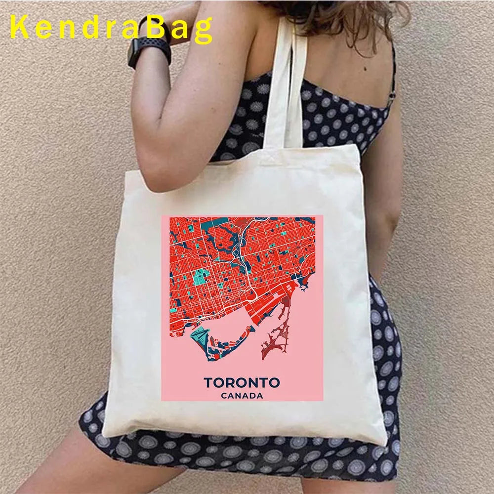 Canadian City Landscape Cotton Canvas Tote Bag | Happy Canada Day Tourist Gift | Reusable Eco-Friendly Shoulder Handbag (Women) Luxegan