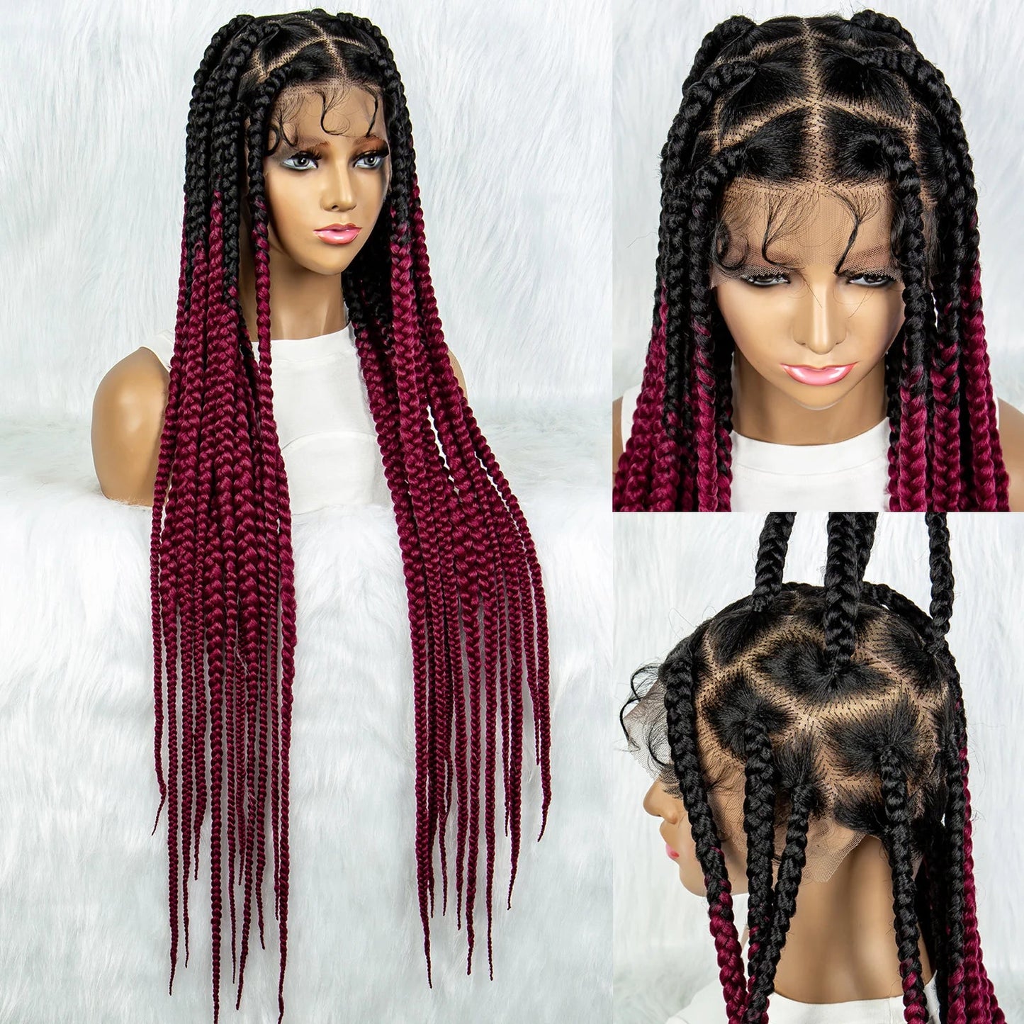 36" Purple Knotless Box Braids Wig | Transparent Full Lace | Baby Hair | Synthetic Luxegan