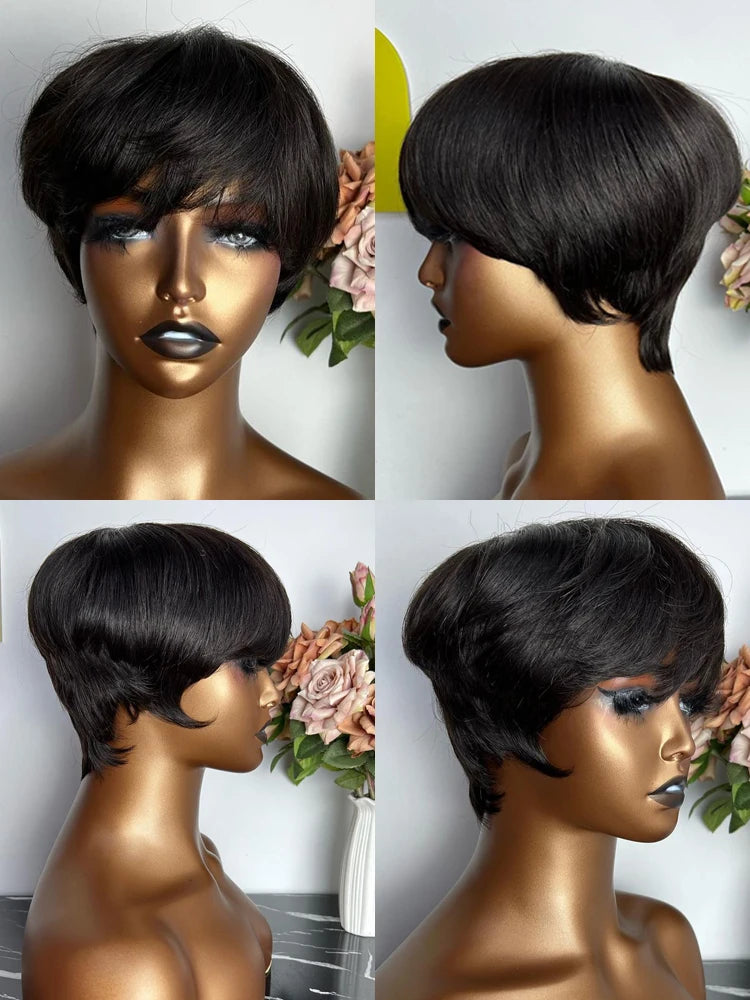Short Pixie Cut Wig Human Hair | Machine Made Wig with Bangs | Brazilian Remy Hair | Pixie Wig for Black Women