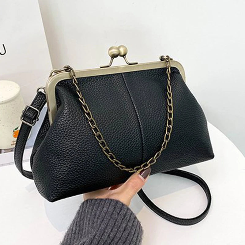 Vintage PU Shell Bag | Lychee Pattern Clip Chain Shoulder & Crossbody Luxegan