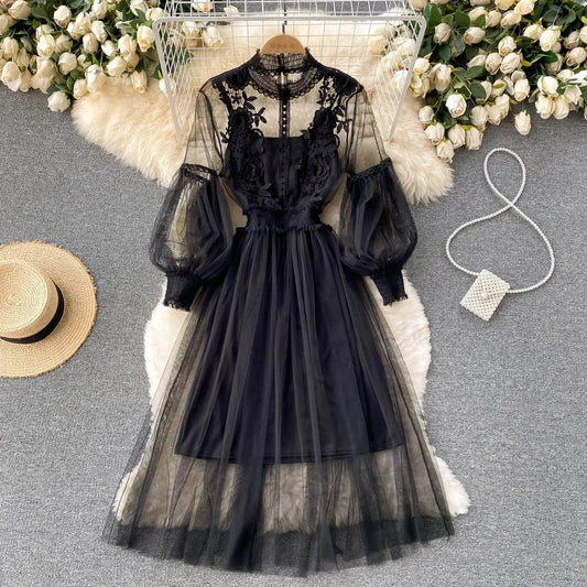 Ladies' Lace Midi Dress – Stand Collar, Lantern Sleeve, Beaded Floral Detail Luxegan