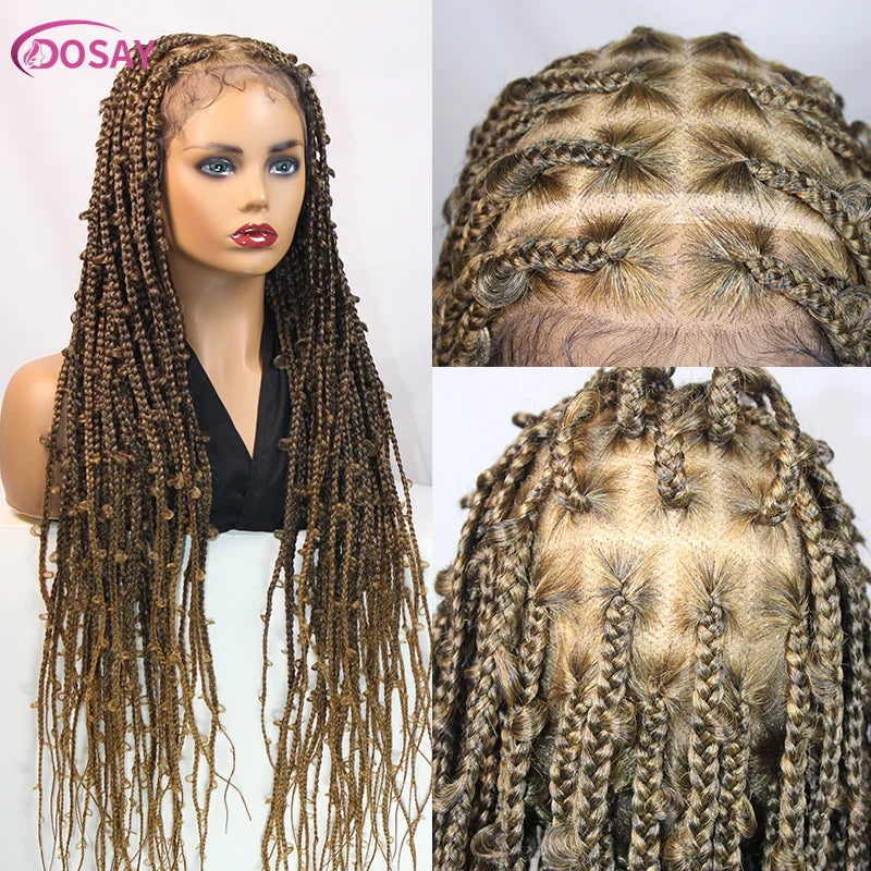 36" Butterfly Braided Full Lace Wig | Honey Blonde & Burgundy Goddess Locs | Synthetic Box Braids | Transparent Lace Luxegan