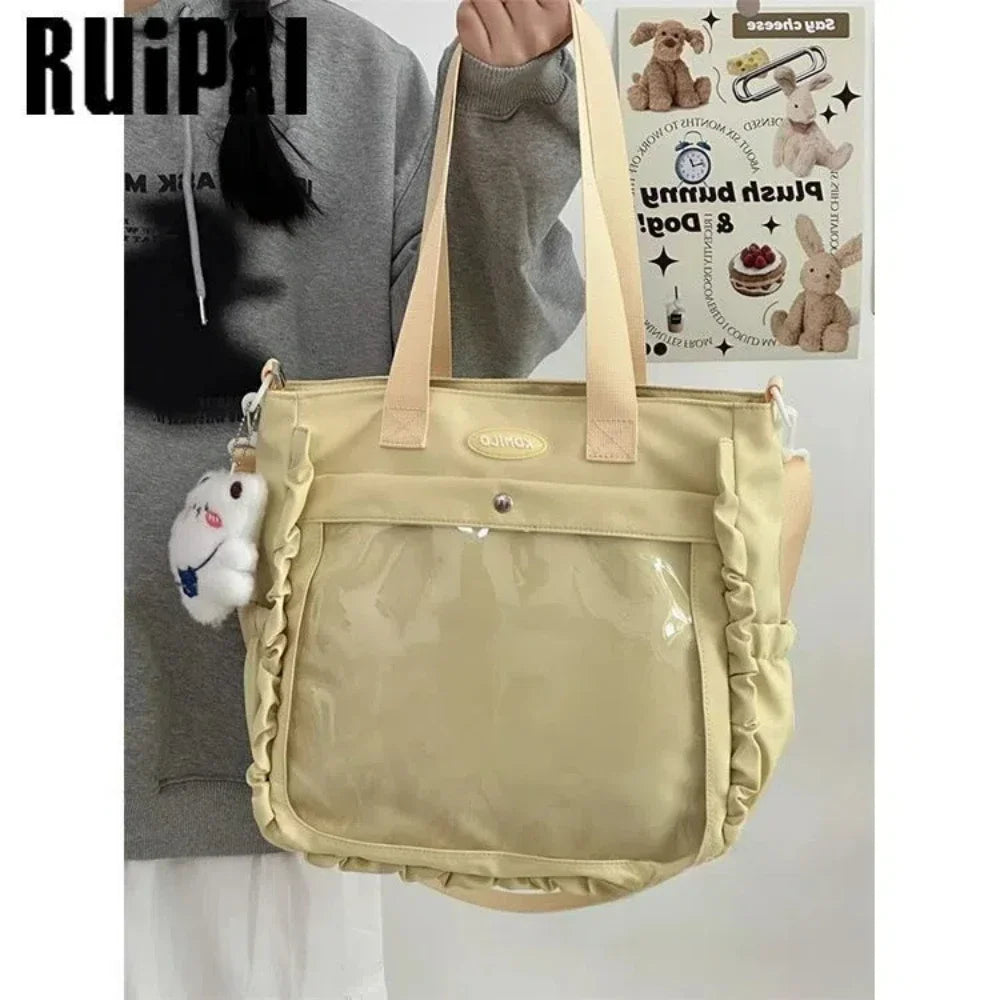 Cute Ulzzang Ita Bag | Large Capacity Nylon Tote Shoulder Bag | Japanese Harajuku College Crossbody with DIY Badges Display Plate Luxegan