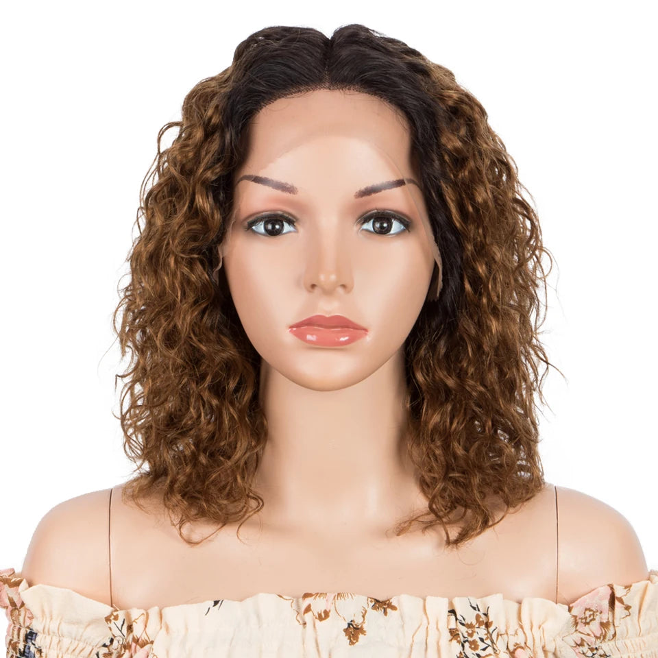 Sleek Curly Human Hair Wig | Brown Highlights | 13x1 T Part Lace Wig | Brazilian Remy Hair | Water Wave