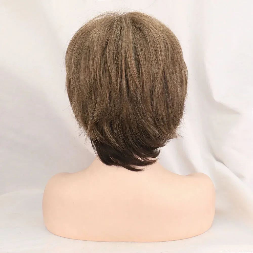 Short Brown Bob Wig with Bangs | Mixed Blonde Synthetic Natural Hair Wig for Women (Soft Mommy Hair, Daily Use) Luxegan