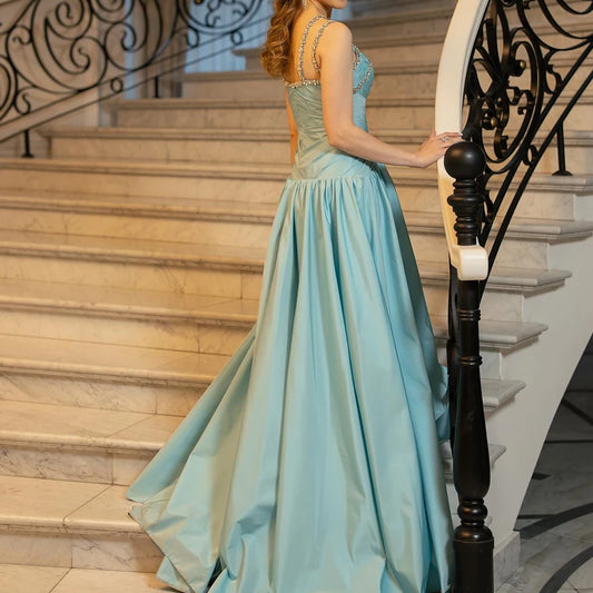 Crystal Pleat A-Line Prom Gown | V-Neck Backless Floor-Length Evening Dress Luxegan
