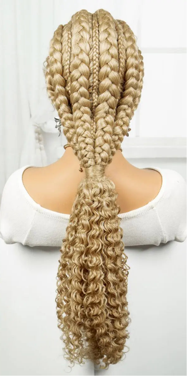 28" Burgundy Knotless Braids Wig with Curly Ends | Lace Front | Baby Hair Luxegan