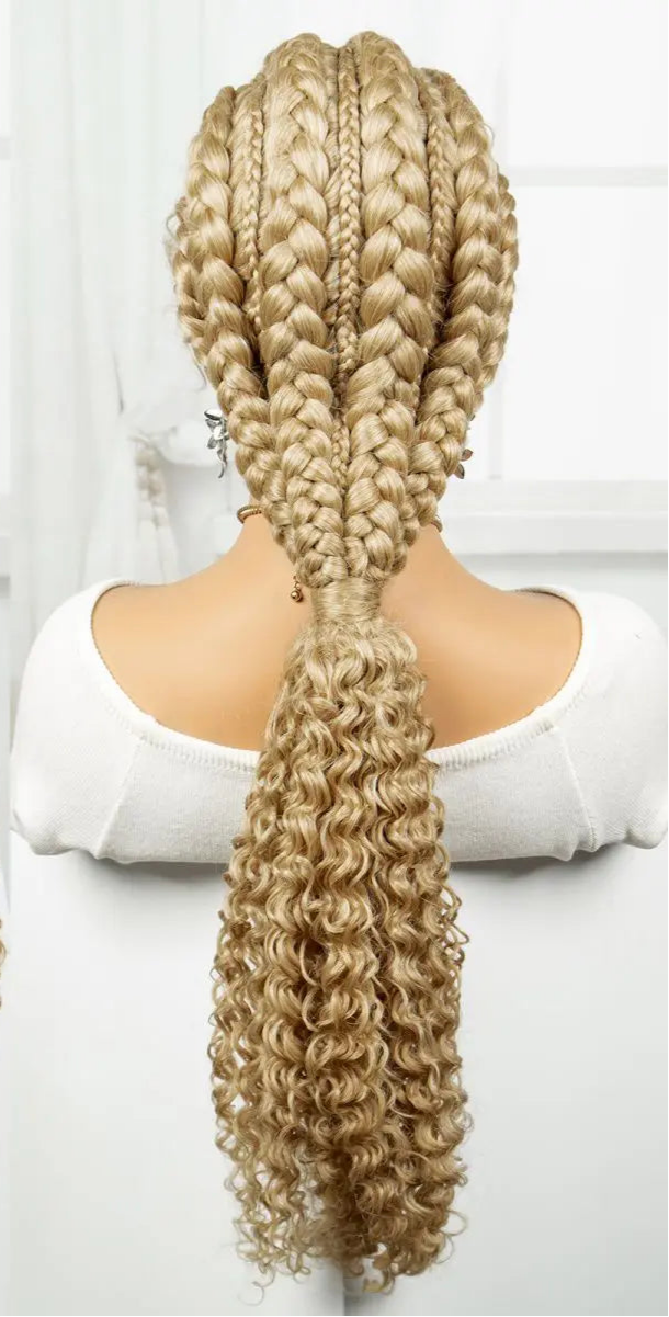 28" Blonde Knotless Cornrow Braids Wig with Curly Ends | Lace Frontal | Baby Hair Luxegan