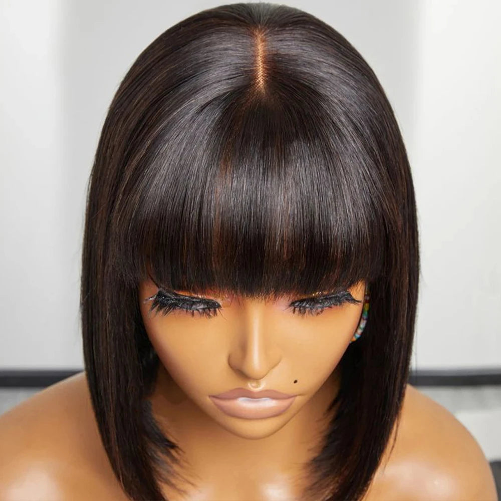 Ombre #4/27 Straight Bob Wig with Bangs | Human Hair Lace Top & Realistic Scalp Luxegan