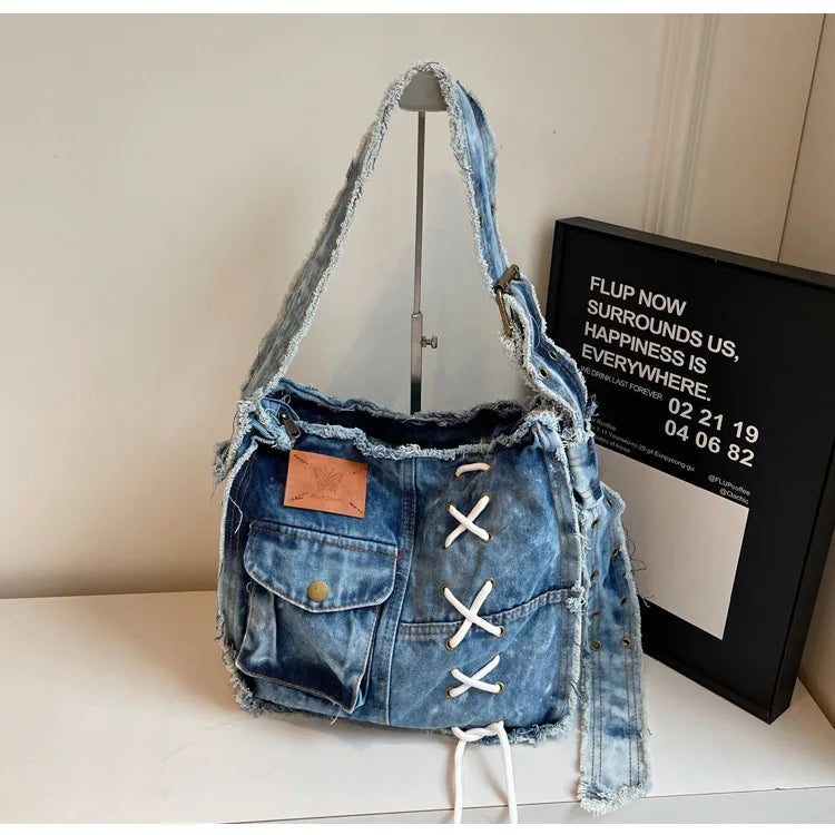 Washed Denim Shoulder Bag for Women Handbags | Large Capacity Female Messenger Bags | Soft Jeans Casual Big Totes Shopping Bag Luxegan