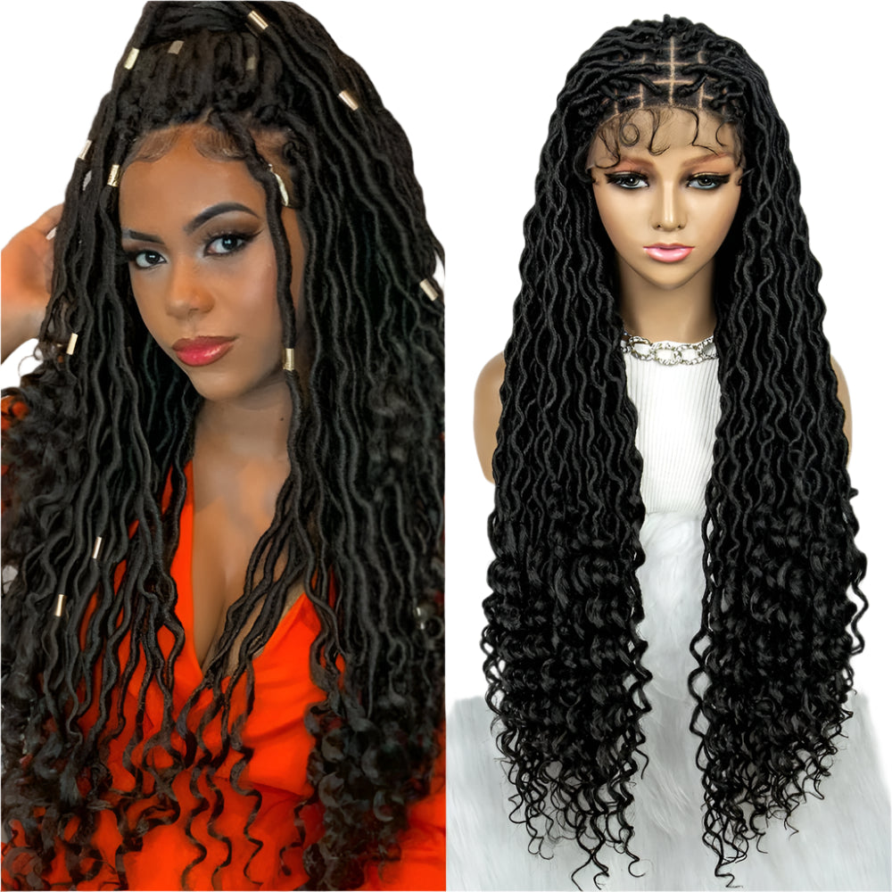 Cornrow Box Braids & Dreadlock Wig | 9x6 Lace Front | Curly Ends | Knotless Braids | Synthetic Hair