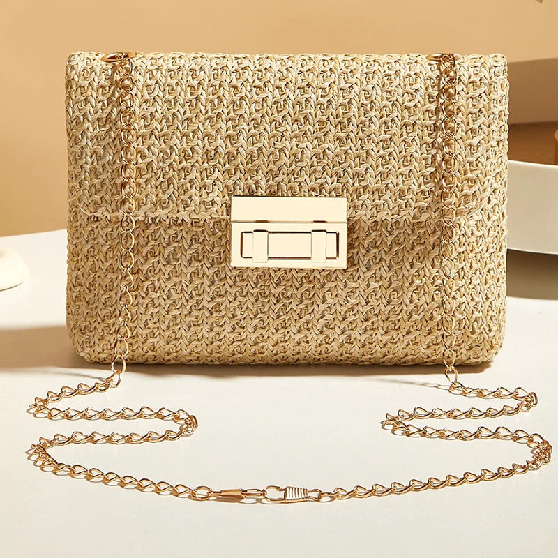 Fashion Crossbody Bags for Women | Simple Straw Shoulder Bag & Women's Lock Closure Bag (Small Square Purse Summer Money Bag) Luxegan