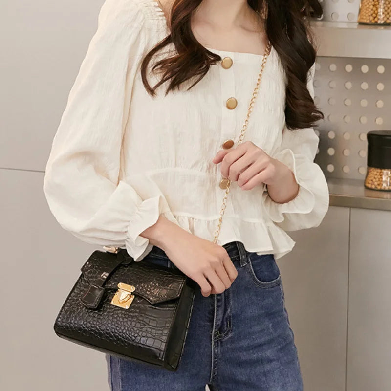 Soft PU Crocodile-Embossed Mini Satchel | Twist Lock Chain Detail Handbag Luxegan