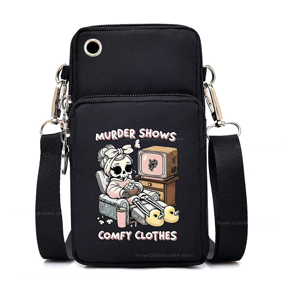 "Dead Inside But Love Cats" Shoulder Bag | Sophisticated Funny Vintage Skeleton Purse | Elegant Cartoon-Print Mobile Phone Bag | "Dignified" Soft Nylon Mini-Handbag for Versatile Casual Styling Luxegan