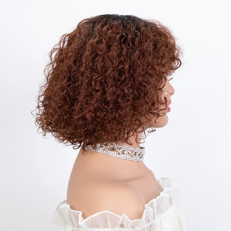 Brazilian Jerry Curly Human Hair Bob Wig with Bangs | Natural Highlight Honey Water Wave Kinky Curly Wigs for Women Luxegan