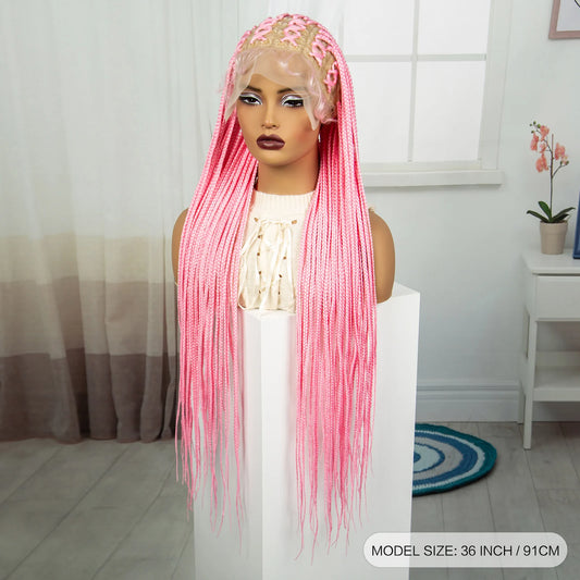 36" Pink Knotless Cornrow Braids Wig | Transparent Full Lace | Baby Hair Luxegan