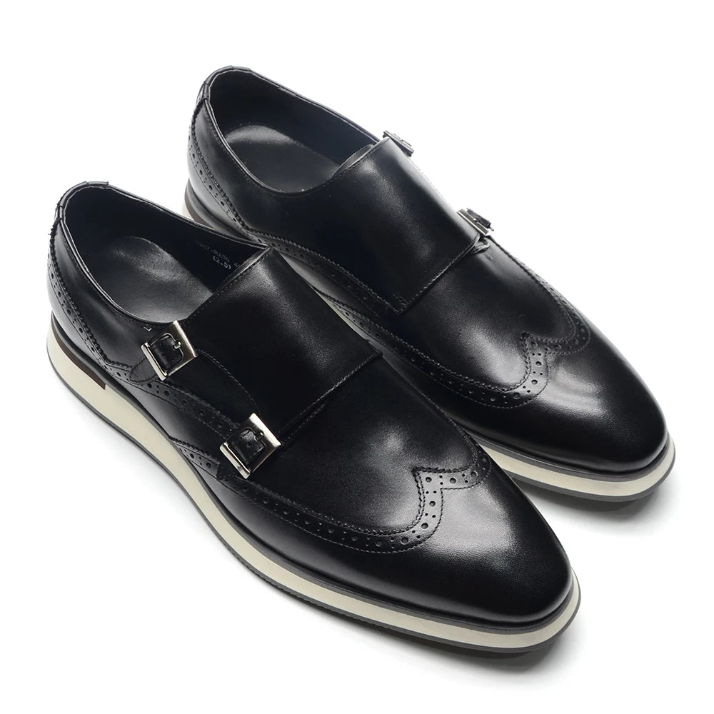 Luxury Men's Double Buckle Monk Strap Flats | Genuine Leather Casual Walk Shoes (Dark Brown, Black) Luxegan