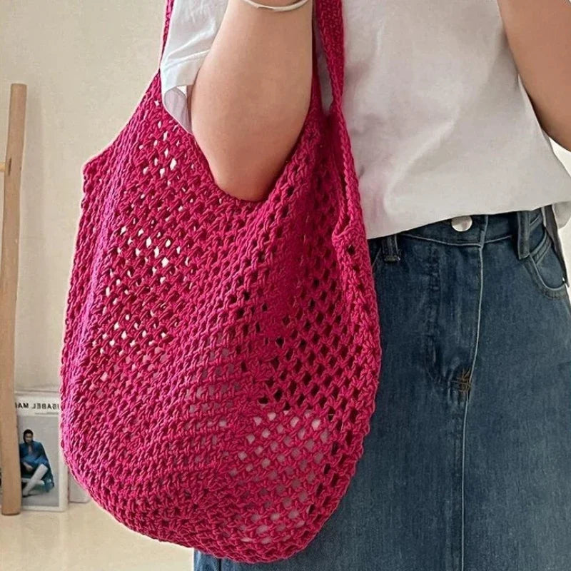 Large Capacity Cotton & Straw Woven Shoulder Bag | Ladies Handmade Wicker Style Beach Tote | Casual Messenger Handbag for Women | Versatile Summer Travel Shopper Luxegan