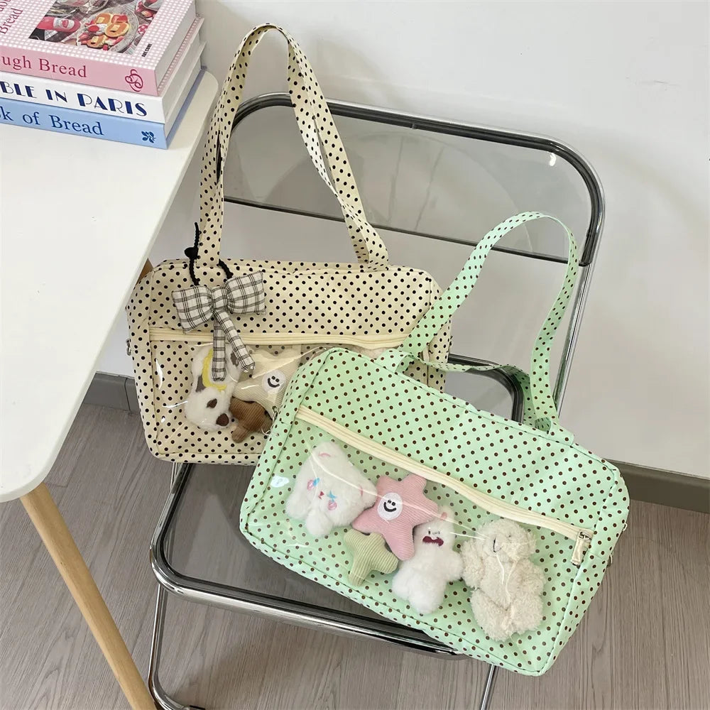 Y2K Ulzzang Ita Bag for Women | Trendy Polka Dot Canvas Shoulder & Underarm Tote (Transparent Pocket, Youth Fashion) Luxegan