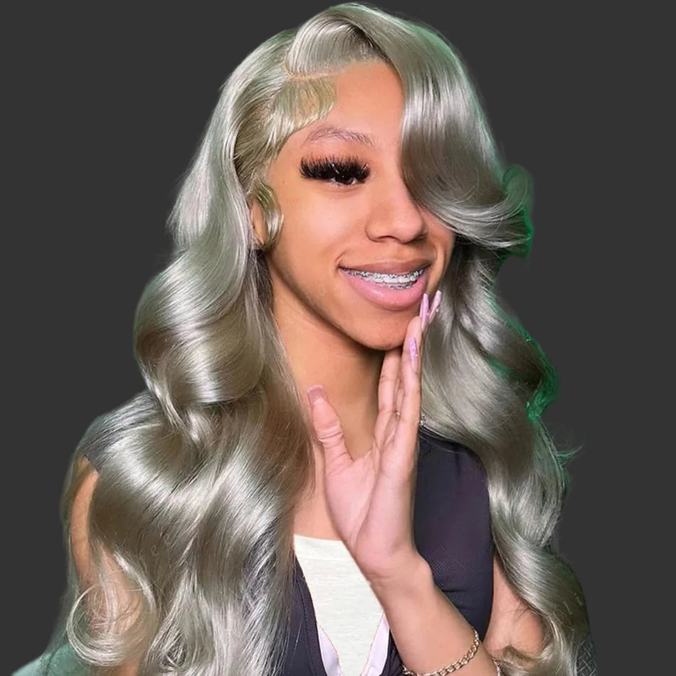 Gray Ash Blonde Highlight Lace Frontal Wig | Sophisticated 13x6 & 13x4 Transparent Lace | Elegant "Brazilian Remy" 26+ Inch Length | "Dignified" Pre-Plucked "Stripe" Highlight Human Hair for Radiant Versatile Styling Luxegan