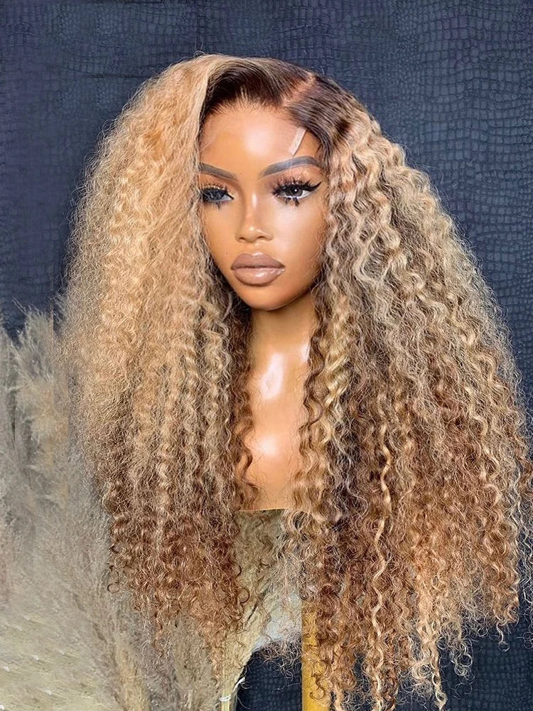 Ombre Honey Blonde Kinky Curly Lace Front Wig | Brown Roots | 13x6 Transparent Lace