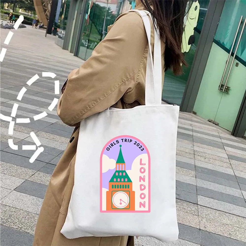 London Big Ben England Map Flag Canvas Tote Bag | UK City Landscape Skyline Shoulder Shopping Handbag (Women's Tourist Gift) Luxegan