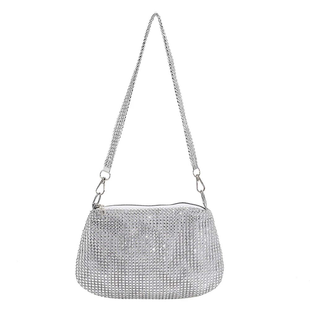 Bling Rhinestone Evening Clutch Bag | Women's Korean Designer Diamond Chain Dinner Party Handbag (Lady Square Tote Shoulder Bag) Luxegan