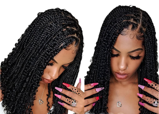 12" Bohemian Cornrow & Knotless Box Braids Bob Wig | Curly Goddess Ends | Full Lace Front Luxegan