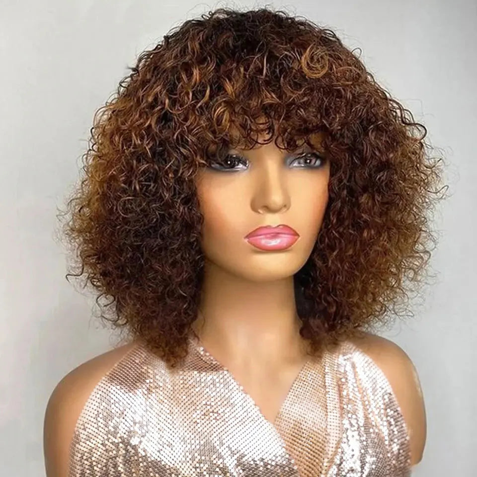 Brazilian Jerry Curly Human Hair Bob Wig with Bangs | Natural Highlight Honey Water Wave Kinky Curly Wigs for Women Luxegan