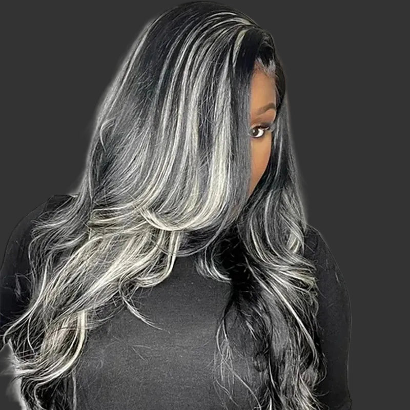 Platinum Blonde & Gray Highlight Body Wave HD Lace Wig | Sophisticated 13x4 Frontal & 5x7 Closure | Elegant "Peruvian Remy" 26-40 Inch Length | "Dignified" High-Density Human Hair for Radiant Versatile Styling Luxegan