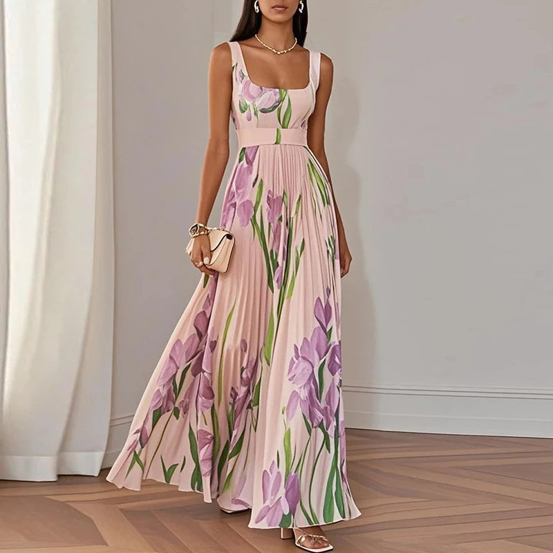 Floral Print Pleated Cami Maxi Dress – Square Collar, Spaghetti Strap, Empire Waist Luxegan