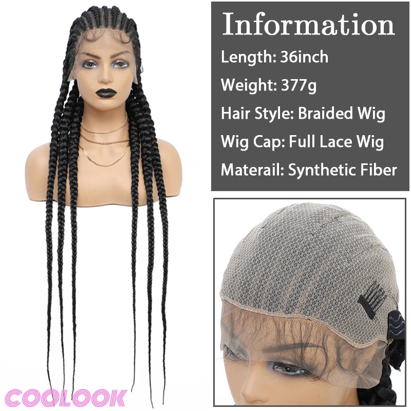 36" Cornrow Knotless Braids Wig | 360 Full Lace | Baby Hair | Synthetic Luxegan