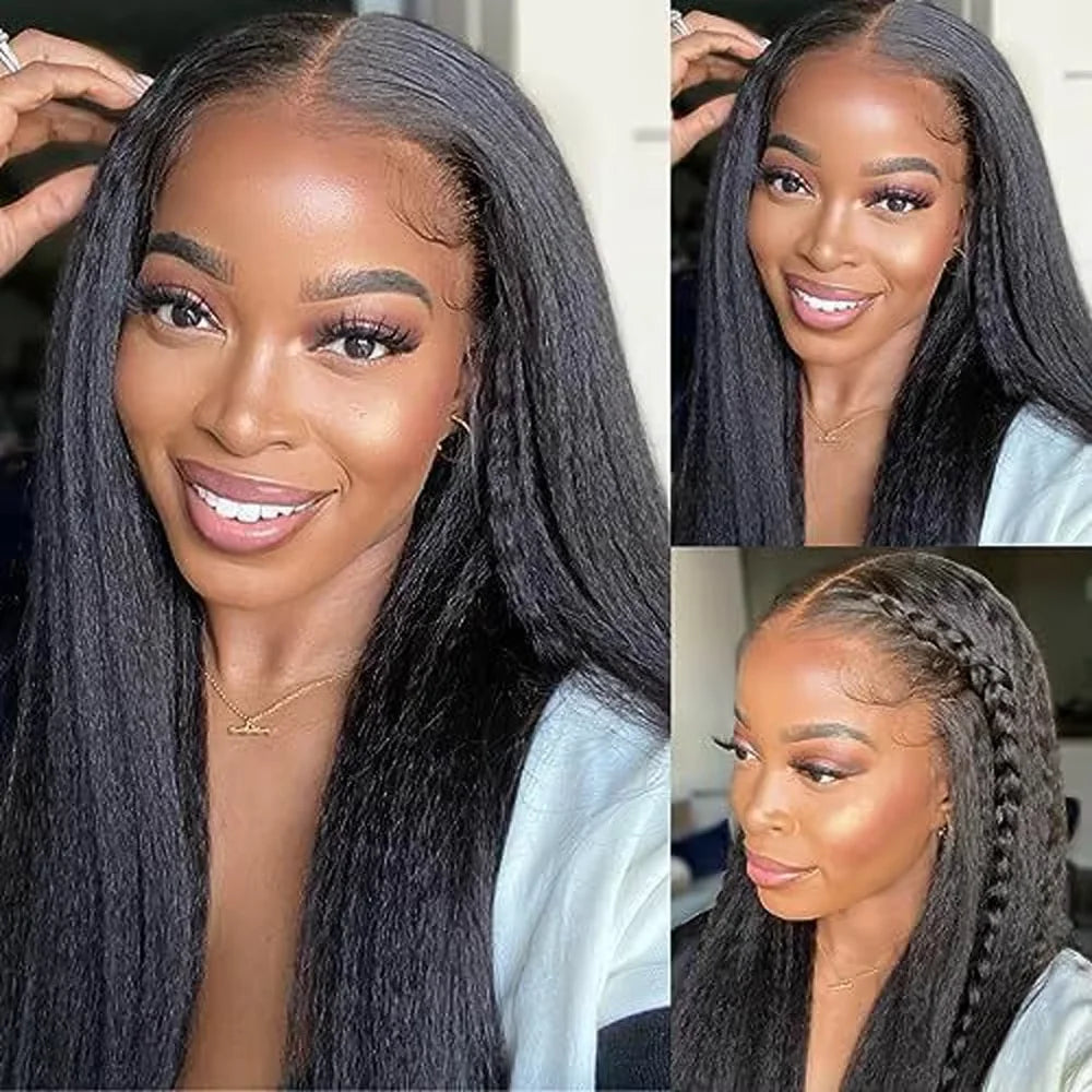 Kinky Straight 360 HD Lace Frontal Wig | Yaki Straight Ponytail Human Hair Wig for Black Women (Transparent Lace, Clearance Sale) Luxegan