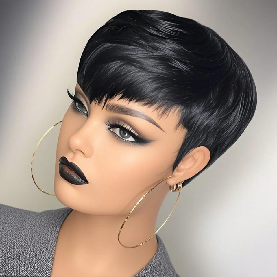 6 Inch Short Pixie Cut Straight Wig | 100% Human Hair for Women (Machine Made, Pre-Styled Bangs, Tangle-Free, Natural Hairline) Luxegan