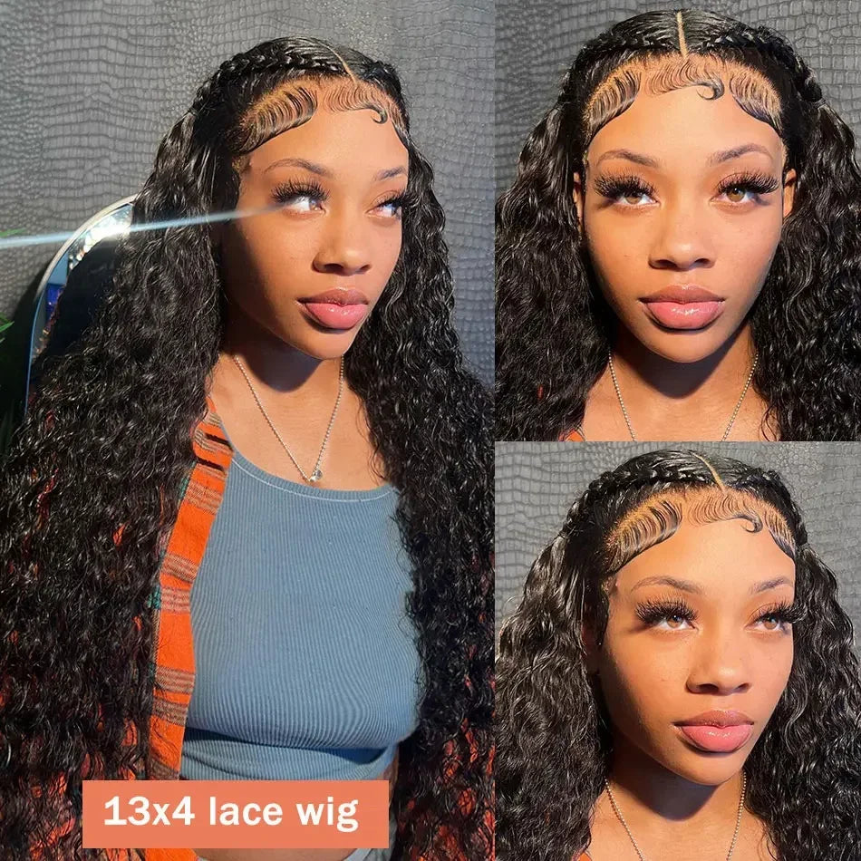 Deep Curly 13x6 HD Lace Frontal Wig | Water Wave Human Hair Wig 13x4 HD Lace Frontal Wigs for Women (Brazilian Remy Black Color) Luxegan